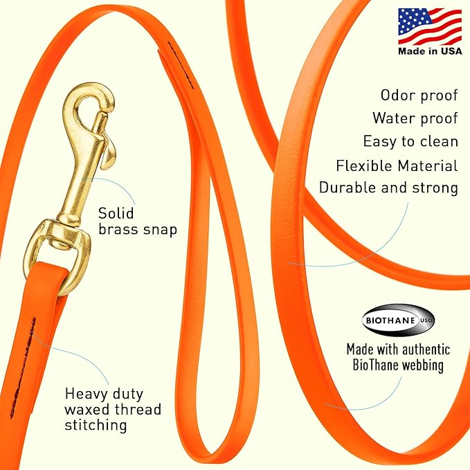 Viper Biothane K9 Working Dog Leash Waterproof Lead for Tracking Training Schutzhund Odor-Proof Long Line with Solid Brass Snap for Puppy Medium and Large Dogs, 15ft Hunter Orange