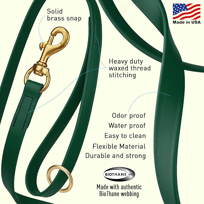 Viper Biothane K9 Working Dog Leash Waterproof Lead for Tracking Training Schutzhund Odor-Proof Long Line with Solid Brass Snap for Puppy Medium and Large Dogs 4ft, Hunter Green