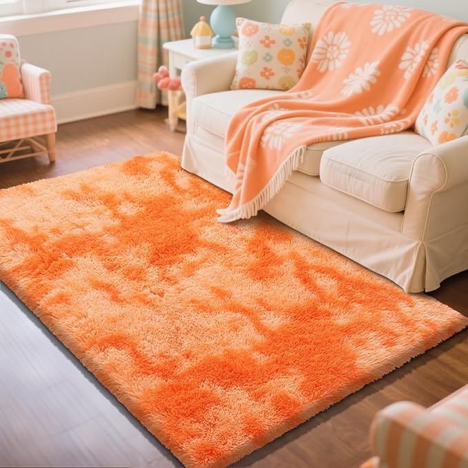 Mottling Orange Fluffy Rug Shaggy Area Rug, 5x8 Area Rugs for Girls Bedroom, Soft Cute Baby Play Mat, Indoor Floor Carpet for Teen, Nursery, Preppy Dorm, Plush Aesthetic Bedside Rug