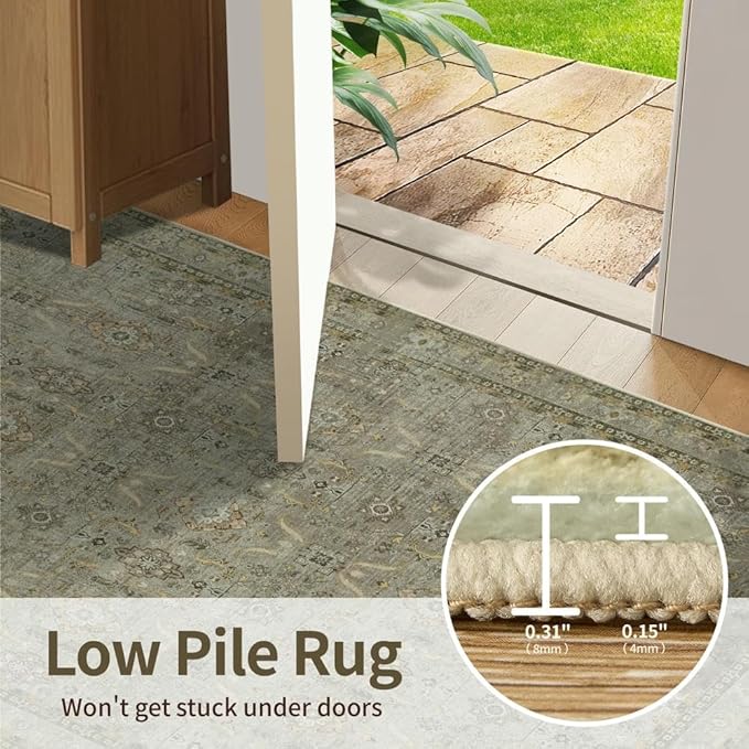 10x14 Area Rugs for Living Room Bedroom, Large Washable Rug, Vintage Floral Boho Rug, Non Slip & Low Pile Faux Wool Thin Carpet for Indoor Dining Room and Kids Room(Olive Brown 10x14ft)