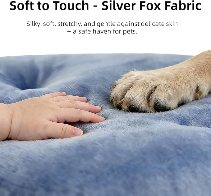 Dog Bed for Small Dogs & Cats 23”x17”, Non-Slip Washable Faux Silver Fox Fur Crate Pad, Durable Oval Pet Mat, Mist Blue