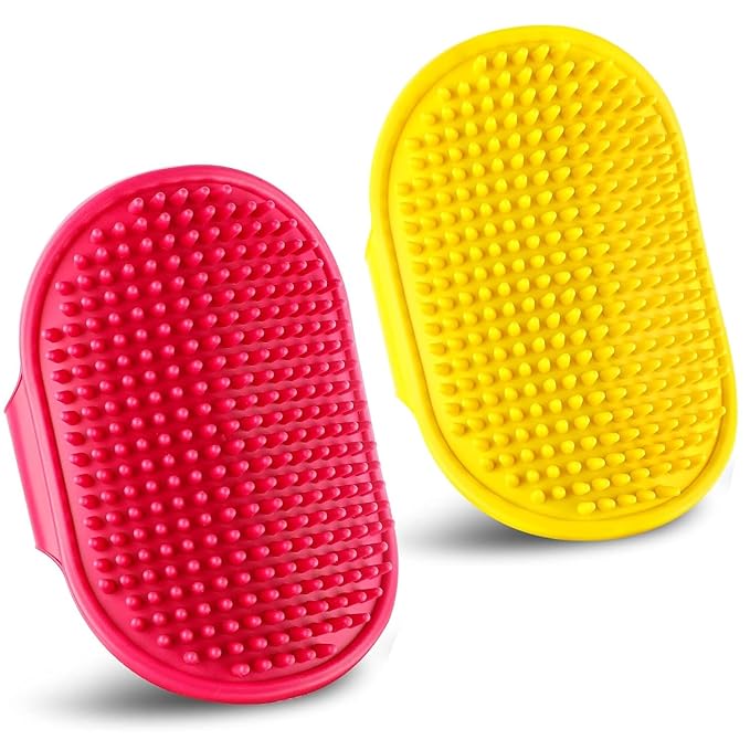 Dog Grooming Brush, Pet Shampoo Bath Brush Dog Grooming Shedding Brush Soothing Massage Rubber Comb with Adjustable Ring Handle for Long Short Haired Dogs and Cats 2pcs