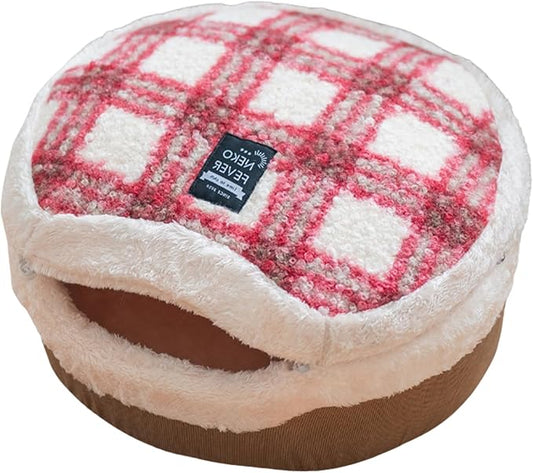 Cat Cave Bed – Enclosed Self Warming Hideaway with Detachable Lid & Mat, Covered House for Indoor Kitten & Kitty (Redwhite)