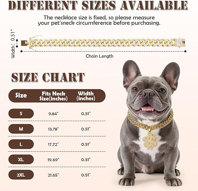 Evoolyn Dog Collar Diamond Gold Plated Cuban Link Chain Glitter Necklace with Dollar Pendant Matching Pet Owner Styles Available Hip Hop Pet Accessories for Dog & Cat (Gold, 50cm)