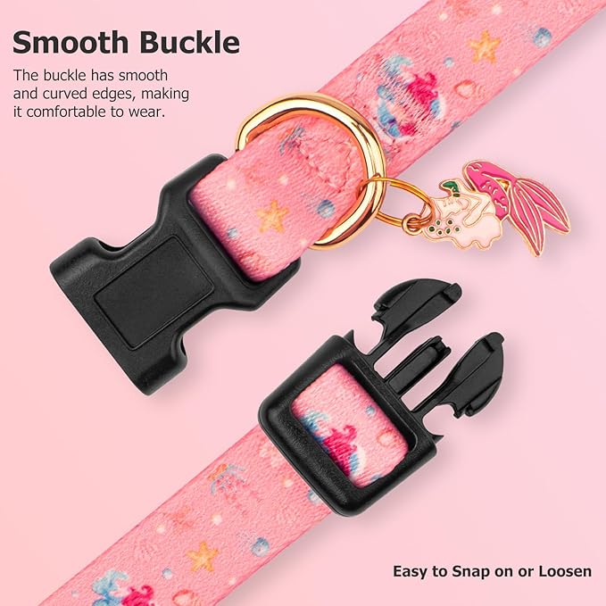 Handmade Dog Collar for Small Medium Large Dogs,Pink Mermaid with Pendant Fall and Winter Fashions Dog Collar (Large)