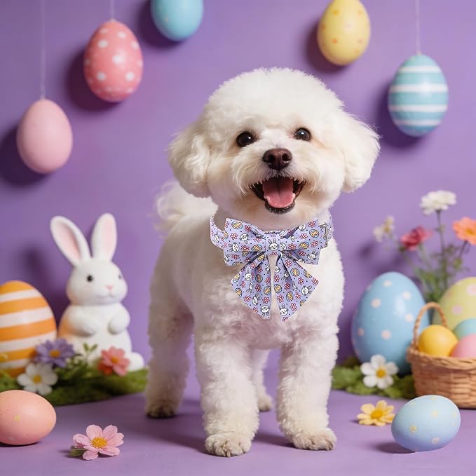 Maca Bates Easter Day Egg Dog Collar with Sailor Bow Tie for Medium Girl Boy Dogs, Purple Cute Bunny Rabbit Pattern,Adjustable Durable Soft Breakaway Collars for Male Female Puppy