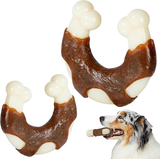 Dog Bones Chew Toys for Aggressive Chewers, 2 Pack Real Beef Flavor,Indestructible Teething Chew Toys for Large/Medium/Small Breed,Tough Dog Toy with Durable Nylon