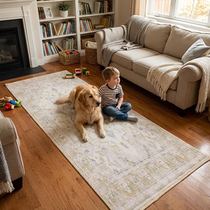 Muddy Mat짰 Champagne 2ft x 10ft Washable Area Rugs for Living Room, Bedroom & Dining Room ??Modern Soft Low Pile Non Slip Carpet ??Pet Friendly Waterproof Foldable Rugs for Home