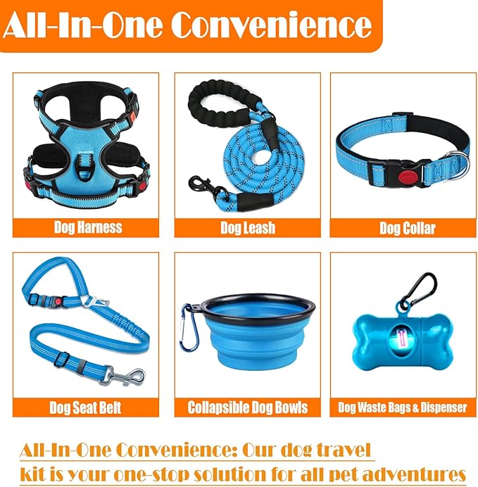 No Pull Dog Harness, Collar & Leash Set | Includes Dog Seat Belt, Collapsible Bowls & Poop Bag Dispenser. Ideal for Training, Walking, Hiking. Fits Small to Large Dogs(Blue-L)