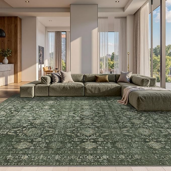 10x14 Area Rugs for Living Room Bedroom, Large Washable Rug, Green Vintage Floral Boho Rug, Non Slip & Low Pile Faux Wool Thin Carpet for Indoor Dining Room and Kids Room(Green 10x14ft)