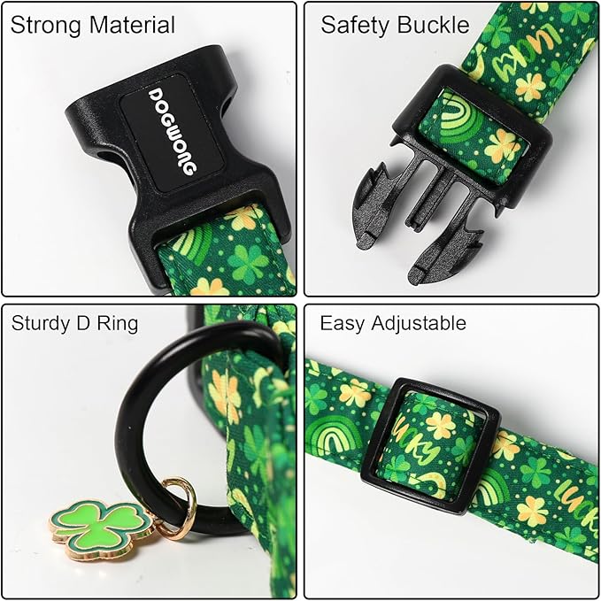 DOGWONG St Patrick's Dog Collar, Green Clover Pet Collar Cotton Shamrock Pet Collar Cute Puppy Collar Adjustable Pet Dog Collars for Small Dogs
