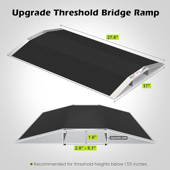 27.6"L×1.6"H Bridge Threshold Ramps for Doorways, Fits 2.8–5.1" Wide Thresholds with Adjustable Support Bars, Non-Slip Aluminum Wheelchair Ramps for Home Steps, Sliding Door Ramp for Wheelchair