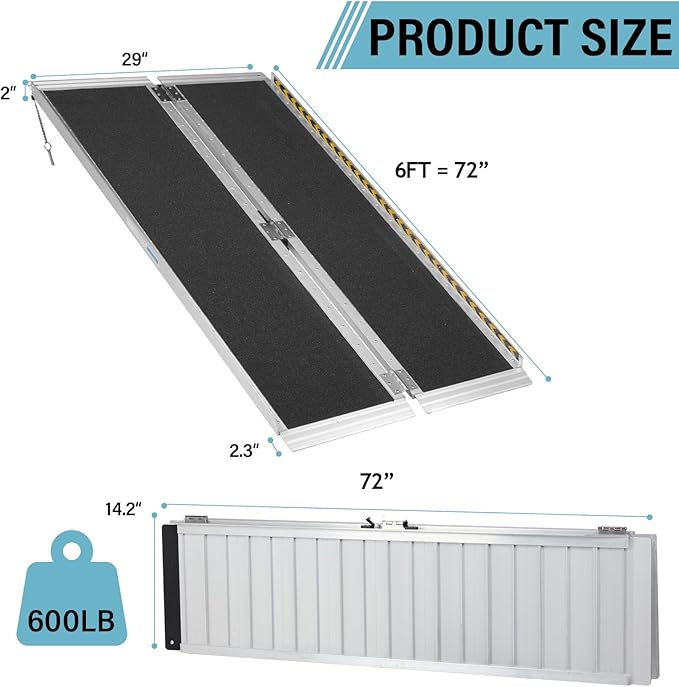 6FT Wheelchair Ramp, Anti-Slip Aluminum Folding Portable Handicap Threshold Entry Ramp for Home, Doorways Steps, Scooter, Stairs, 600LBs Capacity