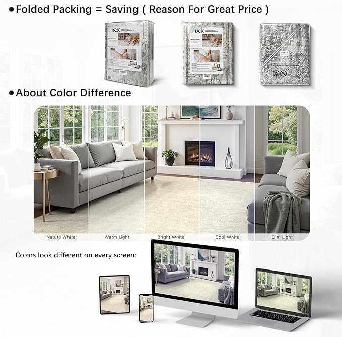 DCX 8x10 Beige Rug, Kid & Pet Friendly with Rubber Back Non Slip, Machine Washable Stain Resistant Neutral Floral Rug for Living Room, Bedroom, Home Office, Soft Low Pile Large Nursery Carpet
