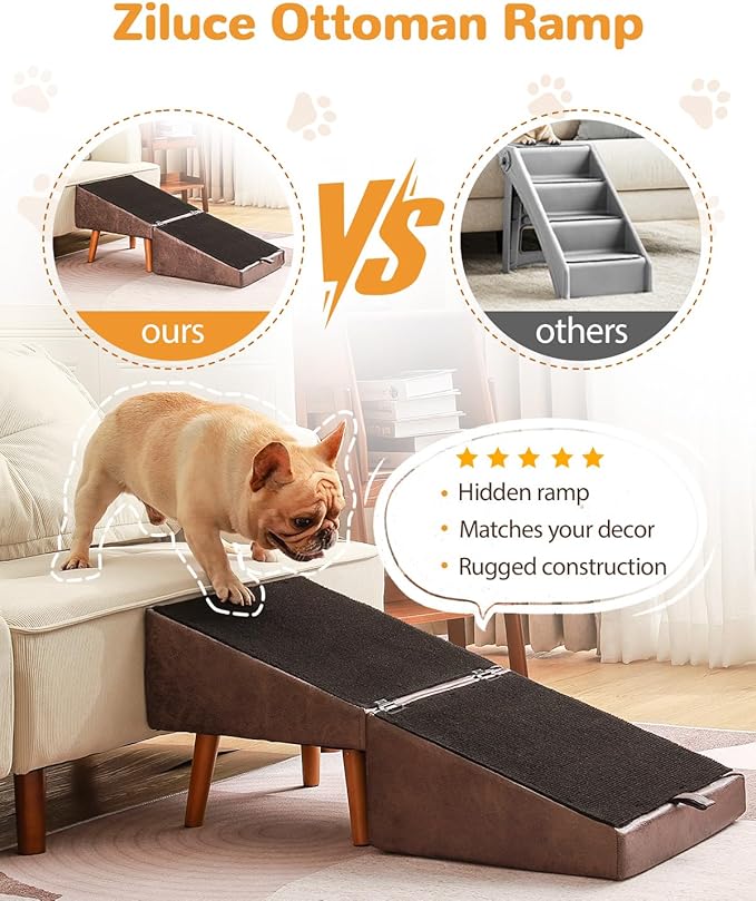 Dog Stairs for Small Dogs and Cats, Dog Ramp for Couch and Bed, Foldable 2-in-1 Wooden Pet Steps for Puppy, Split Ottoman Design（Brown）