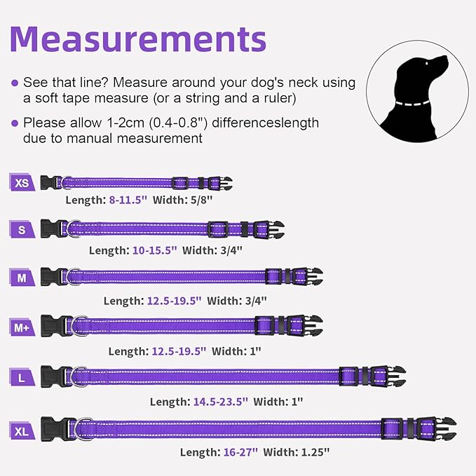 Purple Dog Collar for Mediunm Dogs, Reflective Adjustable Collar with Soft Neoprene Padded, Durable Buckle for Daily Walking,Purple,M, 3/4" Width