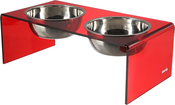 The LICKER Store DBL2001H Keaton 7.5" Medium/Large Modern Acrylic Rectangular Elevated Pet Feeder with 54oz 2-Stainless Steel Bowls, Red/Chrome