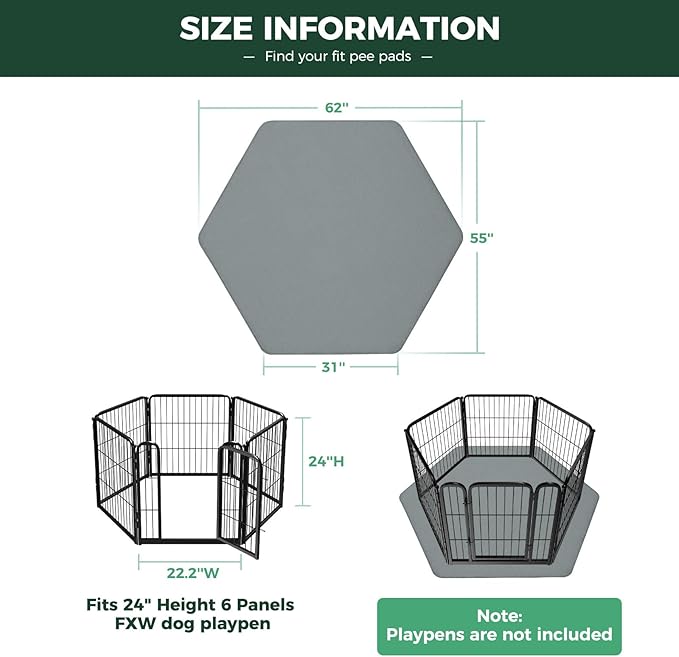 FXW Washable Pee Pads for Dogs, Puppy Pads with Super Absorbent, Specifically Designed for FXW Rollick/Homeplus 24inch 6 Panels Dog Playpen, 31" Hexagon, Gray, 1 Pack