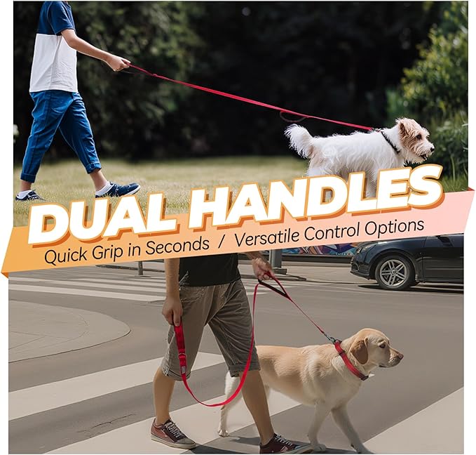 VIVAGLORY Twingrip Dog Leash, Double Handle Dog Leash for Training & Walking with Traffic Handle & 2 Loop, Traffic Control Reflective Heavy Duty for Puppy Pet, 5ft x 1/2in, Red