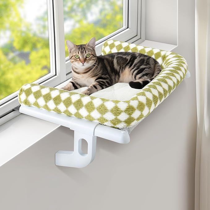 Sunhoo Cat Window Perch Hammock Sturdy Windowsill Bed Seat for Large Cats No Drilling No Suction Adjustable Kitty Shelf with Washable Cover Easy Assembly Holds up to 40 lbs 24.8 * 15 in (Green, L)