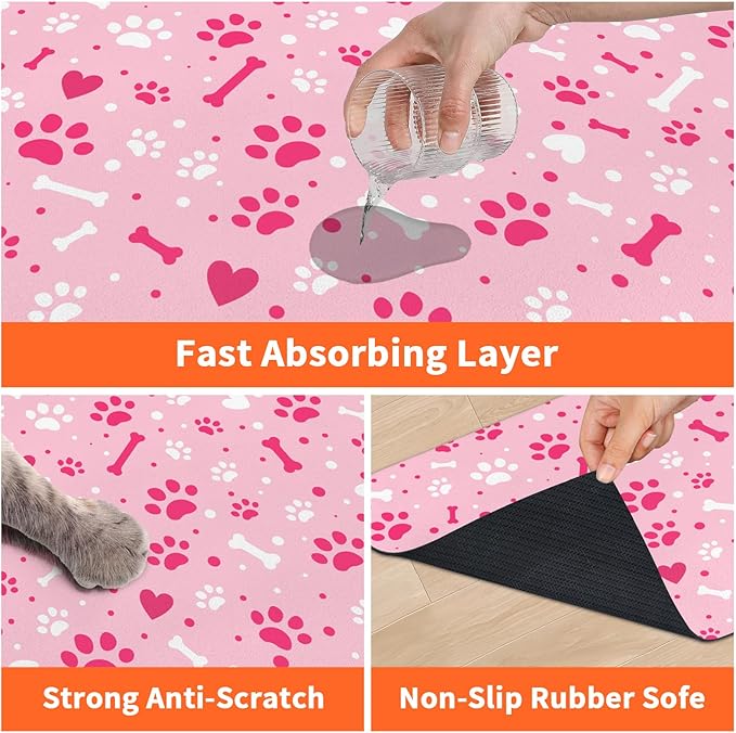 Pink Paw & Bone Dog Food Mat, Dog Cat Feeding Mat, Non-Slip Super Absorbent Pet Food Pad, Pet Bowl Mat for Food & Water Bowls, Dog Enthusiast Home Decoration, 12 x 20 Inch