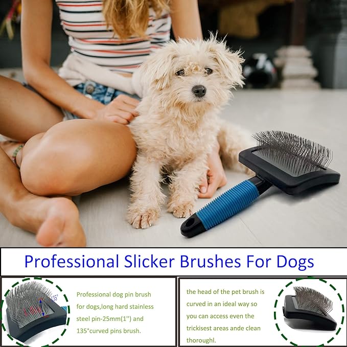 Dog Brush For Long Haired Dogs Poodles-Dog brushes for grooming&shedding-Large Firm Slicker Brush for Goldendoodles-With Soft Massage Grooming Stainless Steel Pins, Pet Grooming Wire Brush-25mm(1")