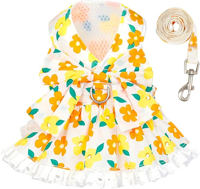 Dog Harness Dress Leash Set for Small Dog Summer Clothes Girl Female Puppy Cats Outfits Cute Floral Bowknot Princess Birthday Dress for Extra Small Pet Doggie Kitten Outfits Apparel(Yellow,S)