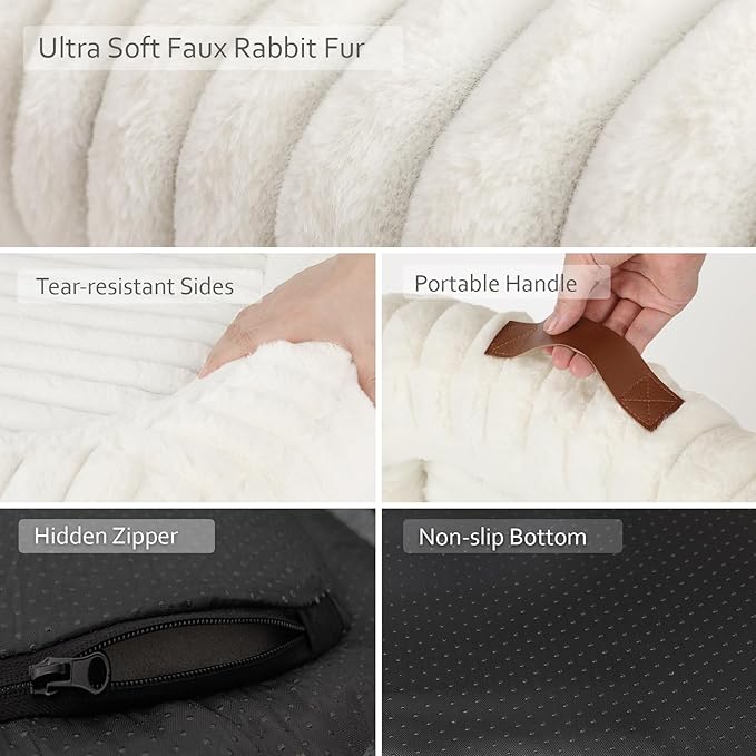 Washable Dog Bed Medium Size Dog, Soft Plush Calming Puppy Bed with Anti-Slip Bottom & Portable Handle, Cream Orthopedic Rectangle Anti-Anxiety Small Pet Kennel Bed, 30" x 24" x 5"