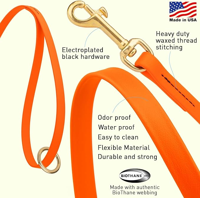 Viper Biothane K9 Working Dog Leash Waterproof Lead for Tracking Training Schutzhund Odor-Proof Long Line with Solid Brass Snap for Puppy Medium and Large Dogs 4ft, Hunter Orange