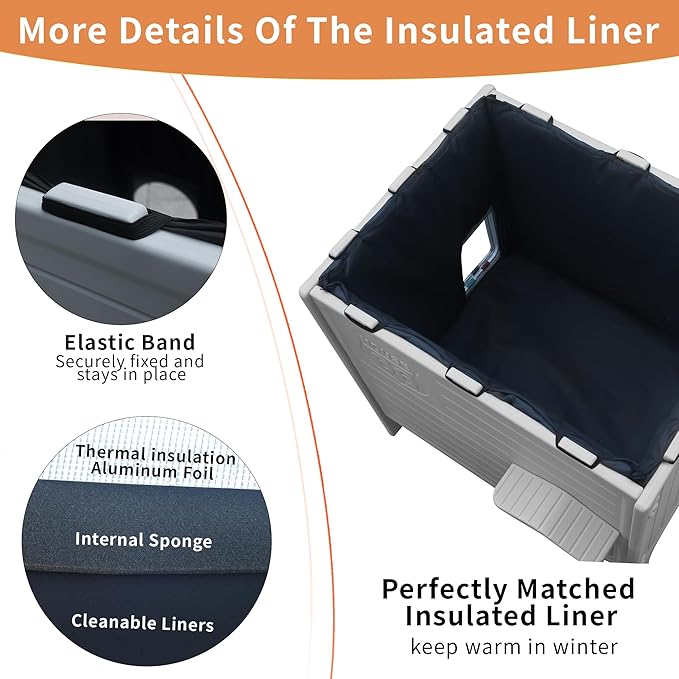 Rockever 100% Insulated Outdoor Cat House with Insulated Liner for Winter, Waterproof Feral Cat House for Outdoor Cats, Plastic Cat House for Outdoor Use with Escape Door, Clean Easily(L,Grey&Liner)