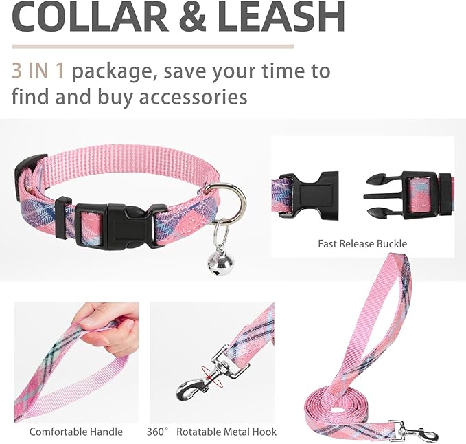 PUPTECK Adjustable Dog Harness Collar and Leash Set Step in No Pull Pet Harness for Small Medium Dogs Puppy and Cats Outdoor Walking Running, Soft Mesh Padded Reflective Vest Harnesses, Pink XL