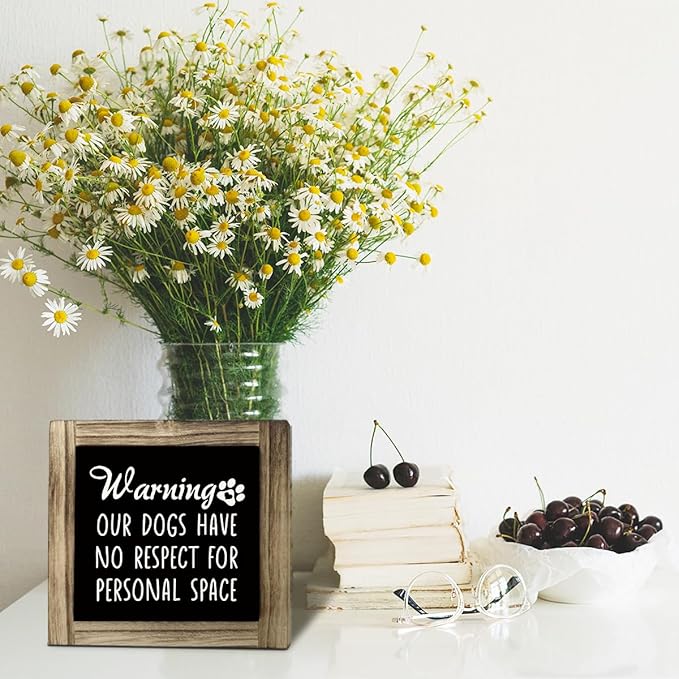 Rustic Wooden Tabletop Decor Sign - Funny Dog Warning Sign for Dog Mom & Dad - Farmhouse Table Shelf Decoration