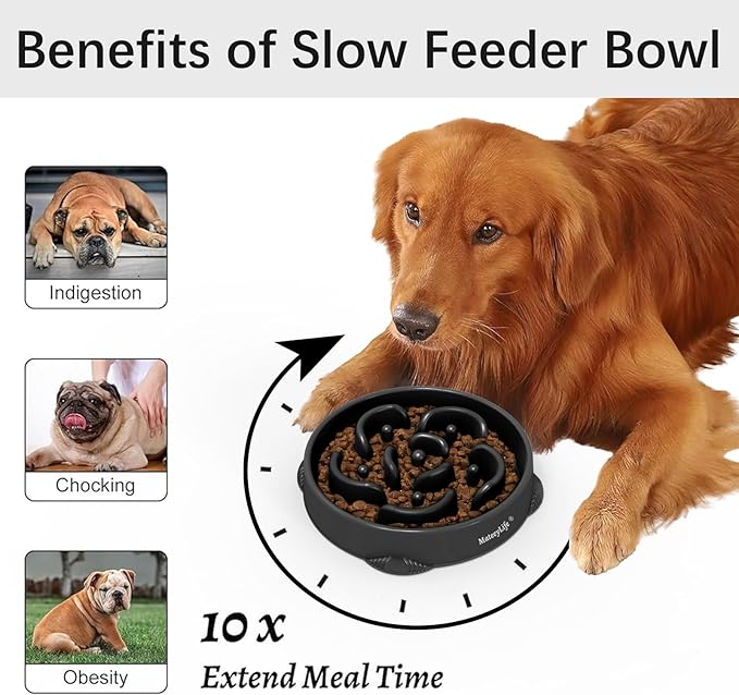 MateeyLife Large Slow Feeder Dog Bowls 2PCS, Anti-Choking Puzzle Dog Food Bowls, Anti-Slip Interactive Feeding Slow Down Eating, Bloat Stop Maze Dishes for Large Breeds 4 Cups Gray&Black
