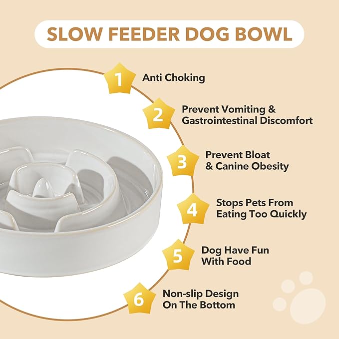 Ceramic 1.2 Cup Raised Slow Feeder Dog Bowl Set, Elevated Acacia Wood Stand for Medium and Small Dog, 7.3inch Slow Dish, Stop Bloat(Single Bowl+ Stand, Reactived Glaze -White)