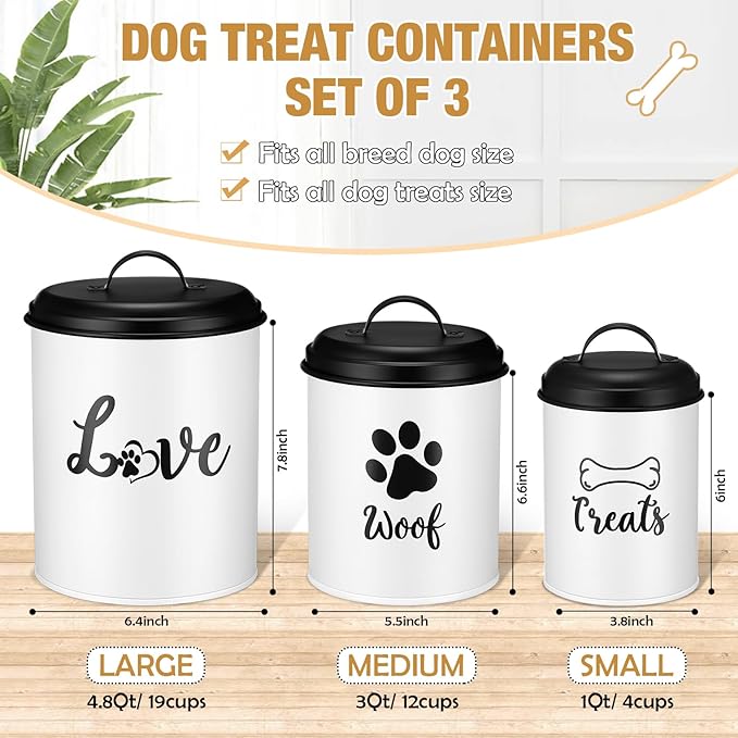 Dog Food Containers Set of 3 with Lids and Spoon Airtight Metal Dog Treat Snack Jars with DIY Labels Big Pet Cookie Storage Jar for Farmhouse Kitchen Counter(White)