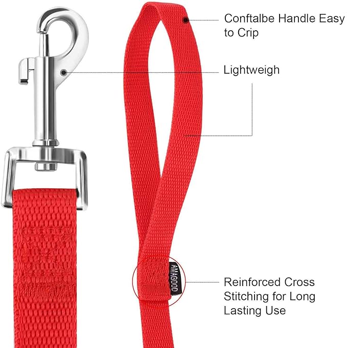 AMAGOOD 6 FT Puppy/Dog Leashes, Traditional Style Leash with Easy to Use Collar Hook, Great for Small, Medium and Large Dogs (3/4 in x 6 ft, Red)