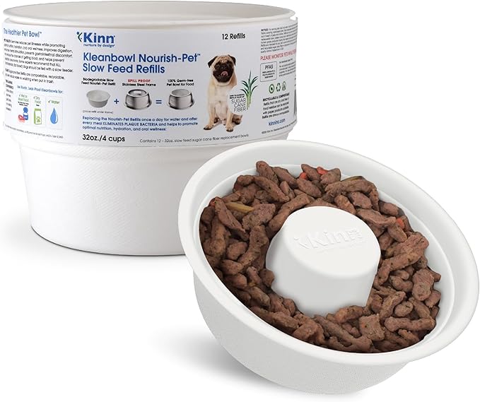 Kinn Slow Feeder Dog Bowl, Disposable Pet Food Dish to Slow Down Eating Dogs, Frame Refills, for Travel, Boarding, or Crate, Compostable Pet Travel Bowl, No Plastic, Leakproof, 4 Cups (12 Count)