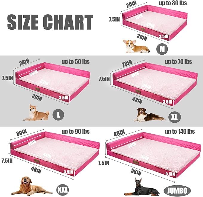 Patas Lague Orthopedic XL Dog Bed Large Sized Dog 48''X30'', Waterproof L Bolster Big Large Pet Sofa Beds with Removable Washable Cover, Soft Comfortable Pet Couch Crate Mat with Nonskid Bottom, Pink