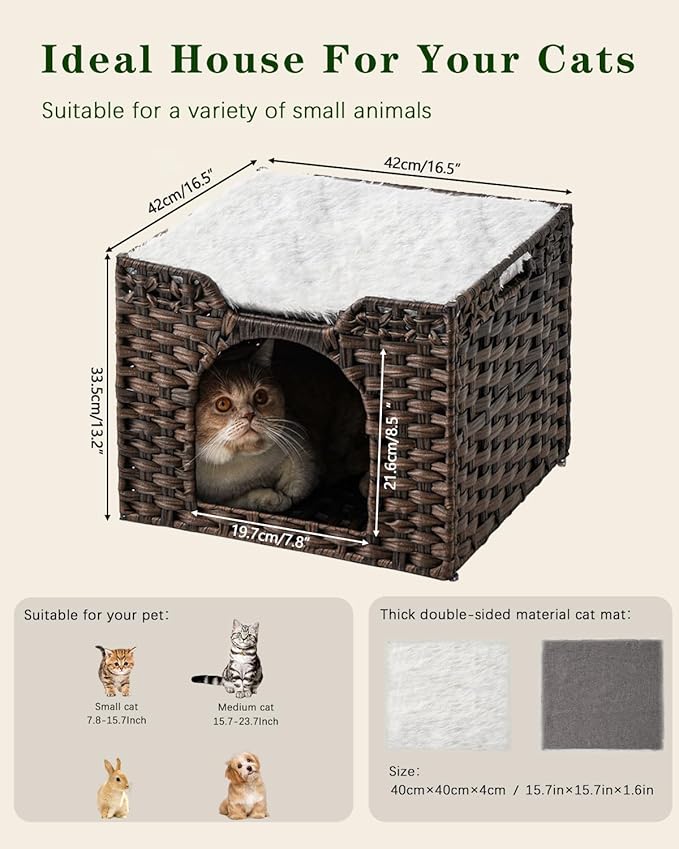 Cat Beds Indoor Kitten House, Handwoven Rattan Cat Cave Pet Cube, Large Cat Houses, One Bed Mat, Foldable, Hideaway, 16.5x16.5x13.2 Inches, 2 S-Shaped Hooks in Living Room Bedroom Brown