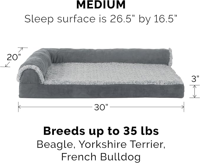 Furhaven Replacement Dog Bed Cover Two-Tone Faux Fur & Suede L Shaped Chaise, Machine Washable - Stone Gray, Medium