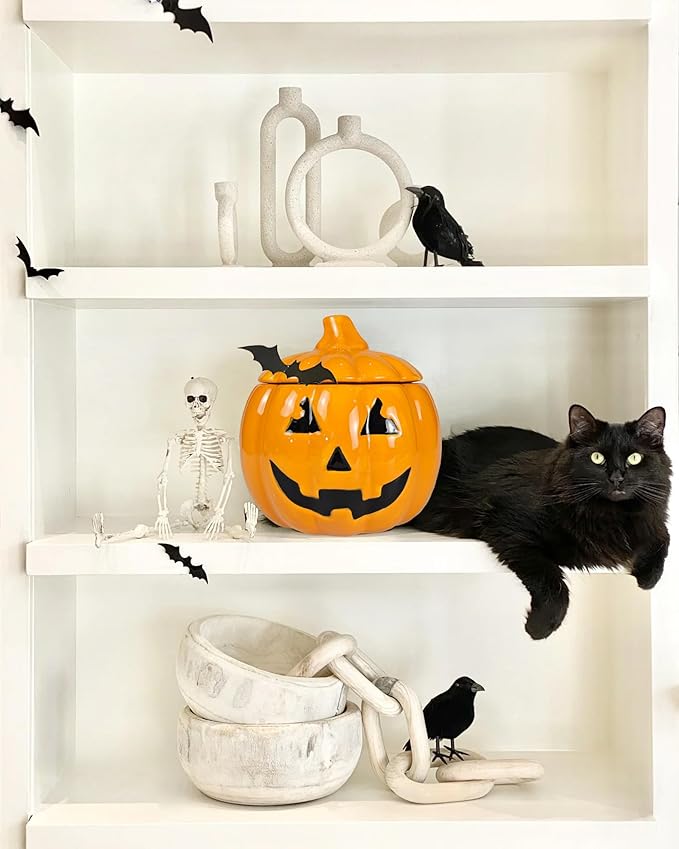 Hanna's Handiworks Jack O Lantern Halloween Pumpkin Cookie Candy Jar - Silicone Sealing Rim - Fun Decor and Kitchen Storage Decoration for Fall Festivities at Home- Receive 1 of 2 Assorted Colors