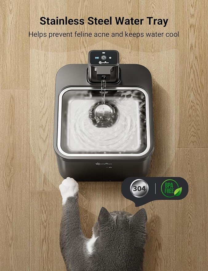DownyPaws Cat Water Fountain Stainless Steel Cordless, 84oz/2.5L Fursink Wireless Pet Water Fountains for Cats Indoor, Battery Operated Cat Drinking Fountain, BPA-Free, Black with 6 Filters