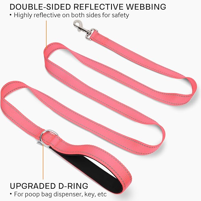 Joytale Dog Leash Heavy Duty for Small Medium Dogs, 6 FT Reflective Nylon Pet Walking Lead with Soft Padded Handle, Durable & Tangle Free for Training, Running & Safety Control, Neon Pink