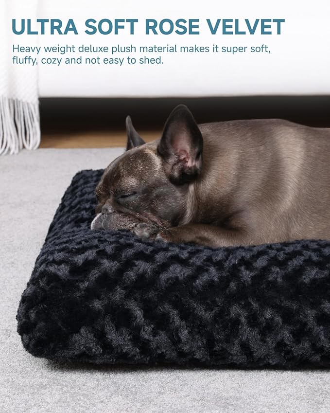 KSIIA Washable Dog Bed Anti-Slip Dog Crate Beds Deluxe Plush Kennel Pad Comfy Pet Sleeping Mat for Small Dogs, 23" x 18", Black