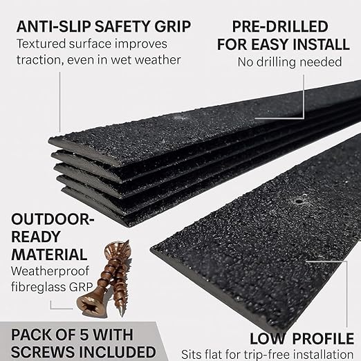 Anti-Slip Decking Strips - Pack of 5 (16" x 2") Heavy Duty GRP Non-Slip Treads for Outdoor Steps, Ramps & Decks - Weatherproof, Easy to Install, Long Lasting Safety Grip (Black)