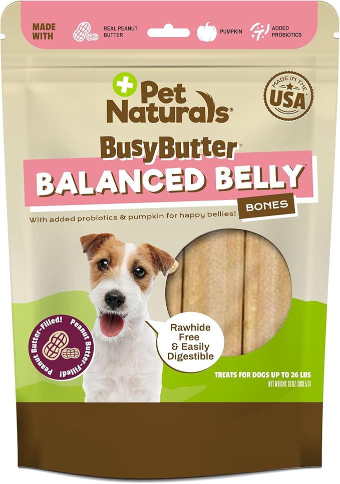 Pet Naturals BusyButter Balanced Belly Peanut Butter Bones, Rawhide-Free Chews for Small Dogs, Long Lasting Chew Bones, Probiotics & Pumpkin for Gut Health, 22 Count