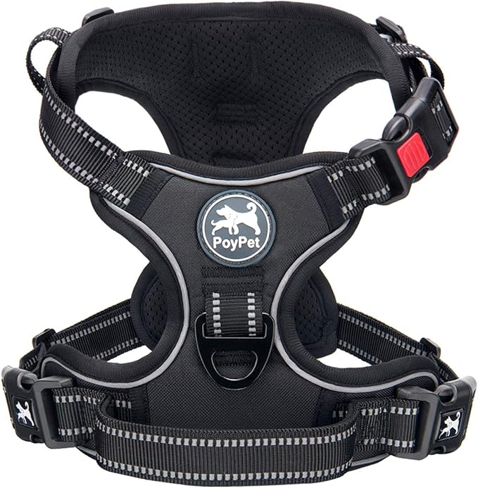 PoyPet No Pull Dog Harness, No Choke Front Lead Dog Reflective Harness, Adjustable Soft Padded Pet Vest with Easy Control Handle for Small to Large Dogs(Black,M)
