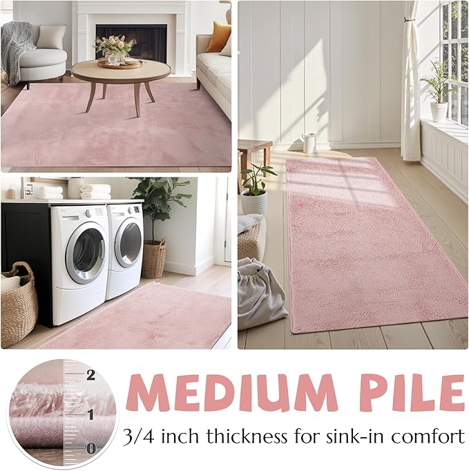jinchan Solid Plush Runner Rug 2x5 Performance Shaggy Washable Hallway Rug Soft Modern Faux Wool Cozy Non Slip Carpet for Bedroom Laundry Room Living Room Kids Nursery Pink