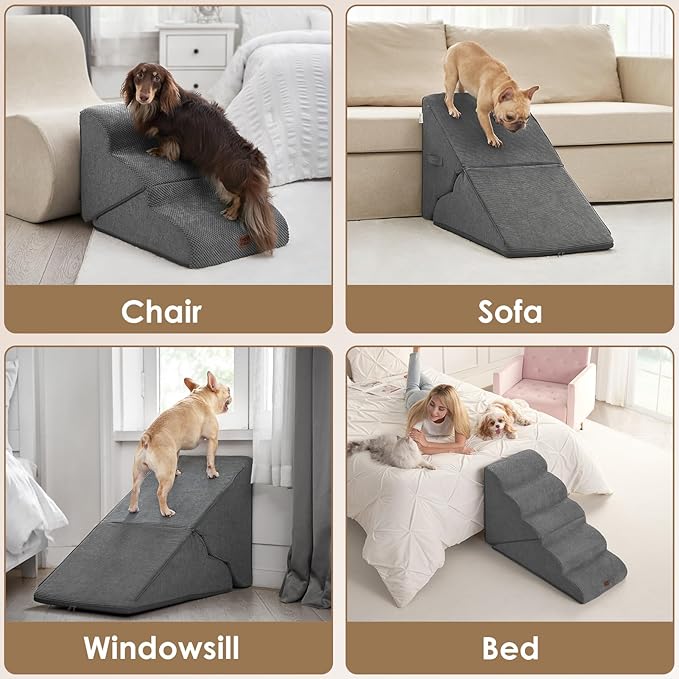 EHEYCIGA Curved Foldable Dog Stairs Ramp for High Beds 19.7" H, 4-Step Dog Steps for Small Dogs and Cats, Pet Stairs for High Bed Climbing, Non-Slip Balanced Pet Step Indoor, Grey
