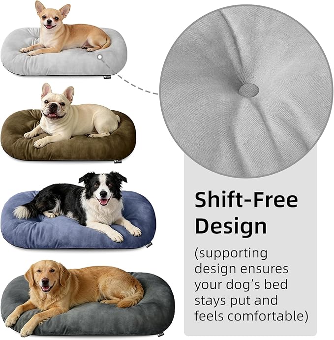 Washable Large Dog Bed for Medium & Large Breeds, Non-Slip Bottom & Plush Faux Silver Fox Fur Oval Cushion Pad for Big Dogs, Soft Mat for Crates, Light Grey, 41x27 Inch